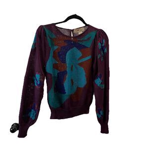 Vintage Michelle Stuart Purple Large Floral Print Long Sleeve Sweater Womens 10